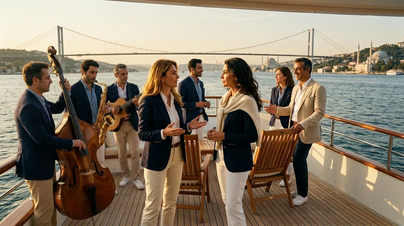 Boğaz üzerinde müzik ve sohbet etrafında buluşan insanlar